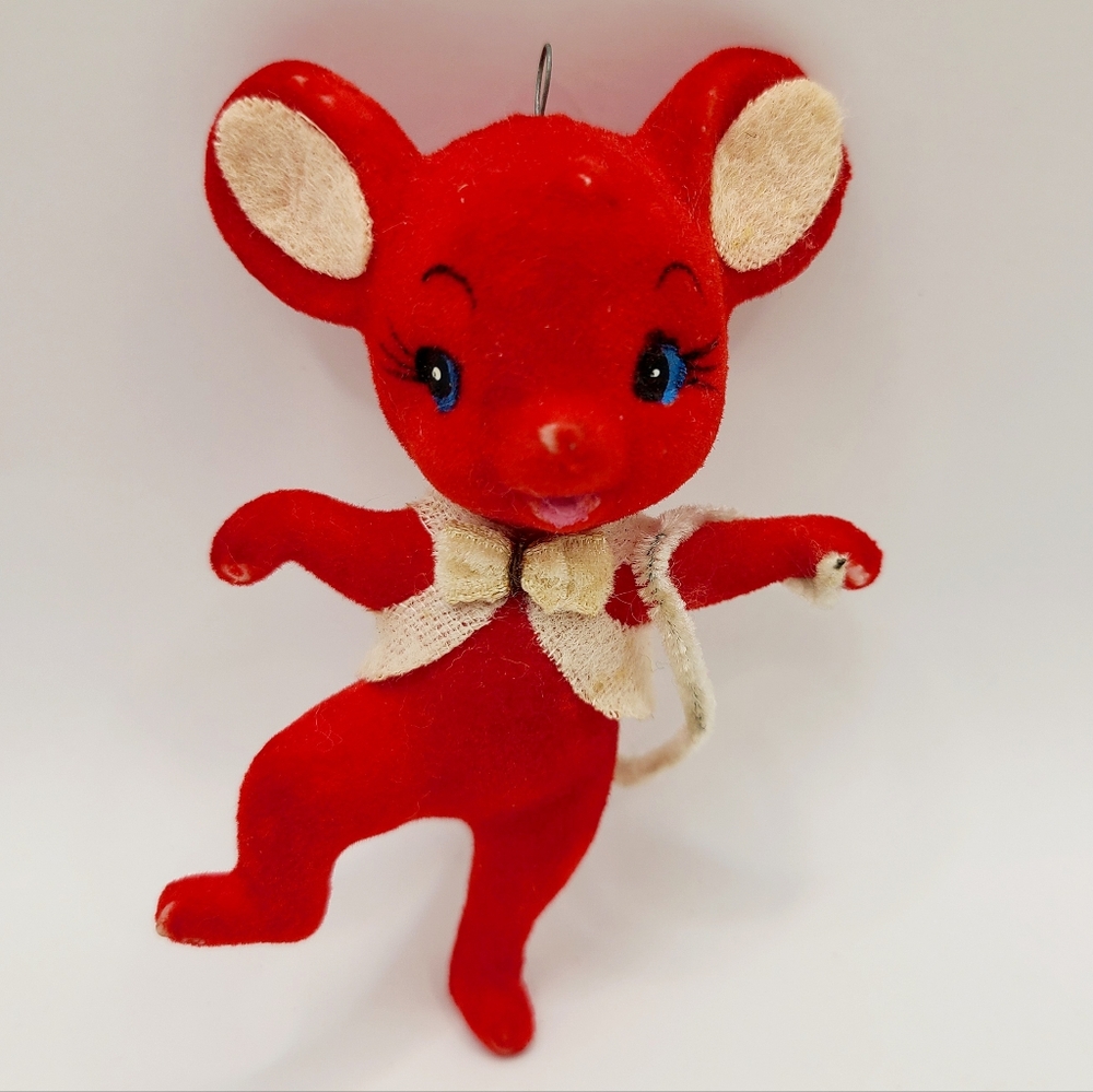 Vintage Red Flocked Mouse Christmas Ornament 3.75" - Picture 1 of 3